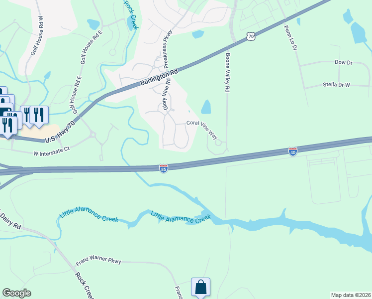map of restaurants, bars, coffee shops, grocery stores, and more near 1214 Glory Vine Road in Whitsett