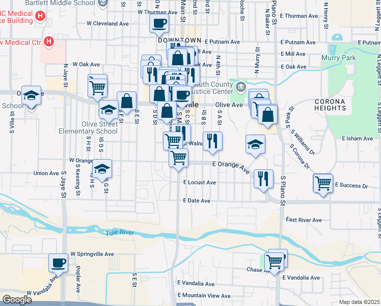 map of restaurants, bars, coffee shops, grocery stores, and more near 206 South C Street in Porterville