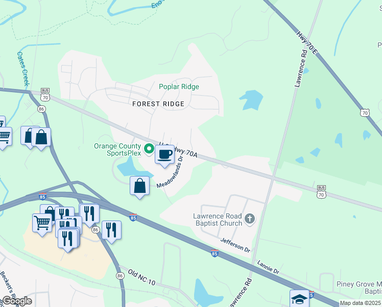 map of restaurants, bars, coffee shops, grocery stores, and more near 1255 U.S. Highway 70A in Hillsborough
