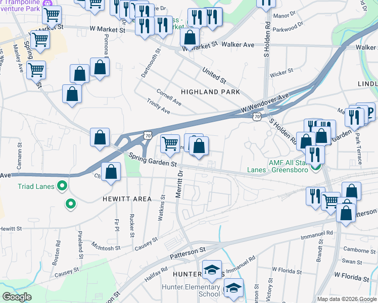map of restaurants, bars, coffee shops, grocery stores, and more near 3605 Brevard Street in Greensboro