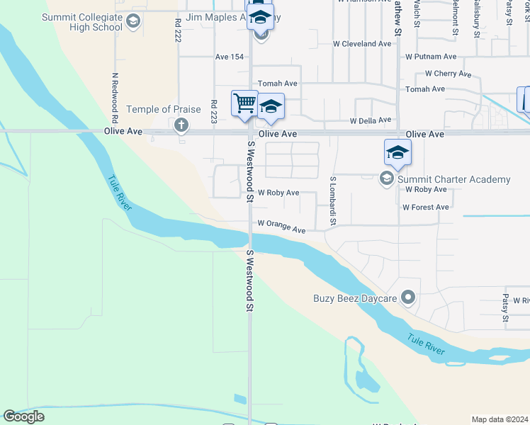 map of restaurants, bars, coffee shops, grocery stores, and more near 2359 Forest Court in Porterville