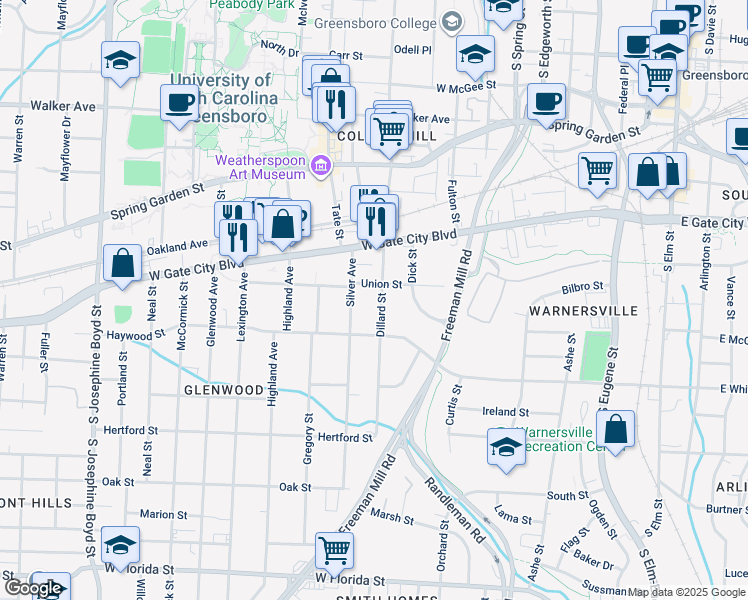 map of restaurants, bars, coffee shops, grocery stores, and more near 806 Dillard Street in Greensboro