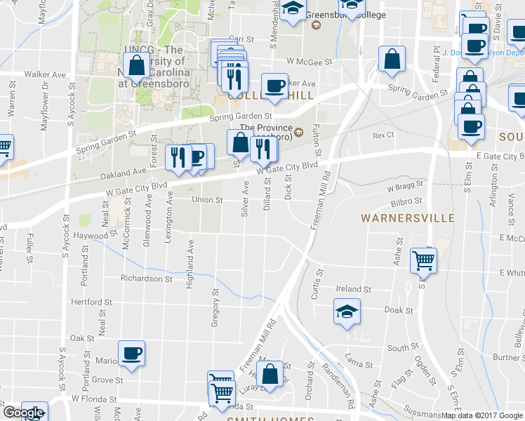 map of restaurants, bars, coffee shops, grocery stores, and more near 806 Dillard Street in Greensboro