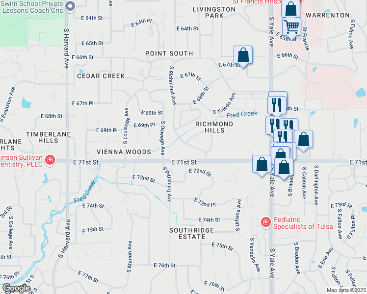 map of restaurants, bars, coffee shops, grocery stores, and more near 7016 South Richmond Avenue in Tulsa