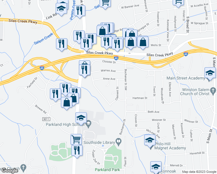 map of restaurants, bars, coffee shops, grocery stores, and more near 2717 Brightwood Court in Winston-Salem