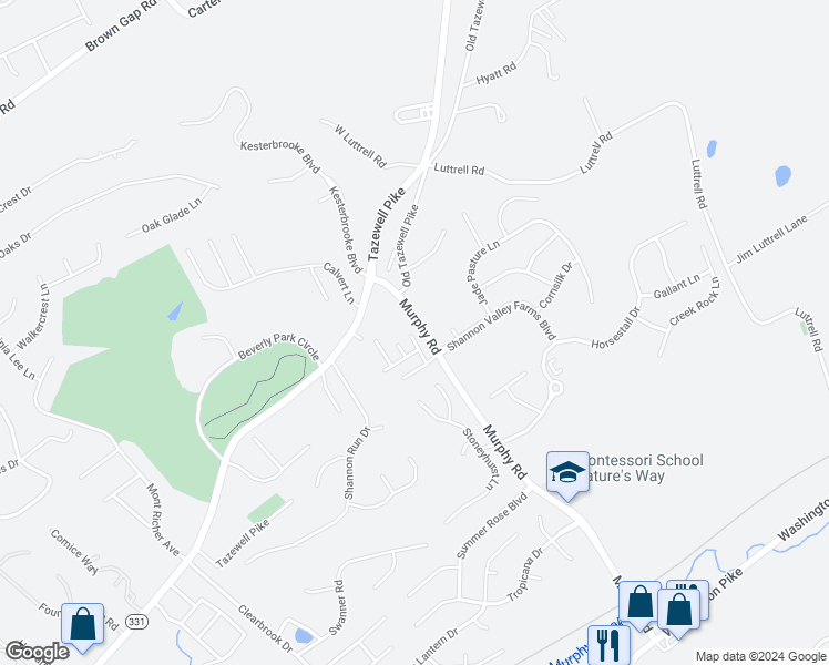 map of restaurants, bars, coffee shops, grocery stores, and more near 5108 Ivy Rock Way in Knoxville