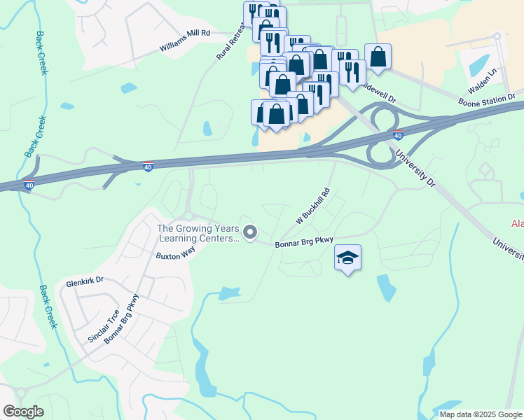map of restaurants, bars, coffee shops, grocery stores, and more near 172 Thornhill Drive in Burlington