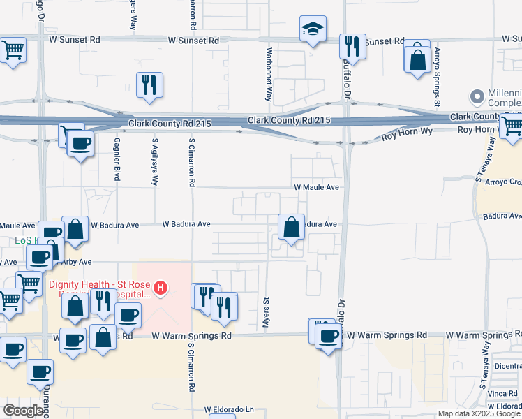 map of restaurants, bars, coffee shops, grocery stores, and more near 8000 West Badura Avenue in Las Vegas