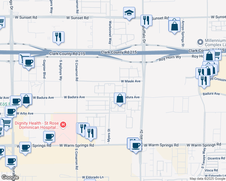 map of restaurants, bars, coffee shops, grocery stores, and more near 1020 West Badura Avenue in Las Vegas