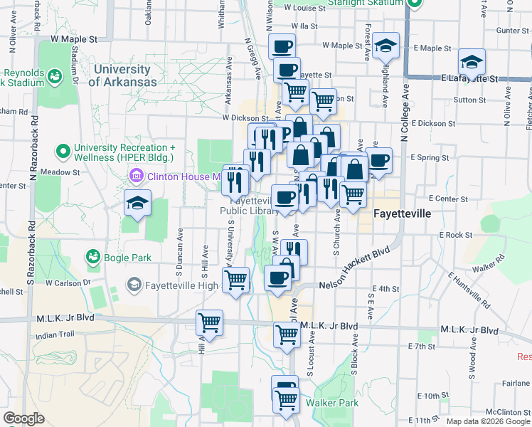 map of restaurants, bars, coffee shops, grocery stores, and more near 107 South West Avenue in Fayetteville