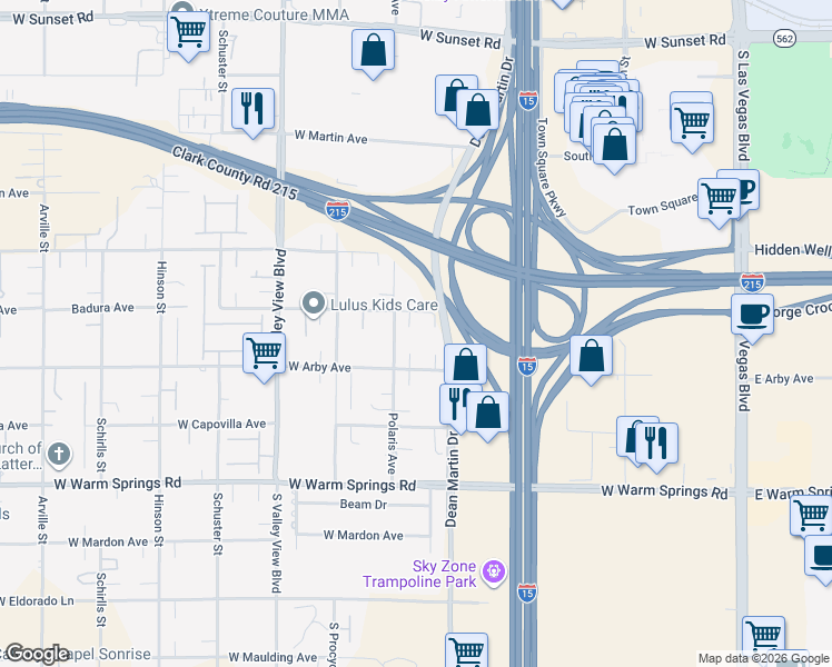 map of restaurants, bars, coffee shops, grocery stores, and more near 3365 Badura Avenue in Las Vegas