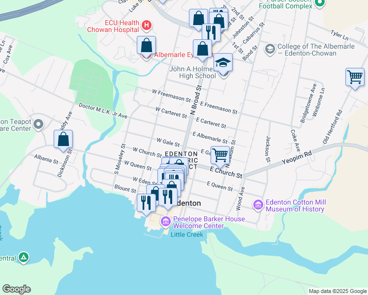 map of restaurants, bars, coffee shops, grocery stores, and more near 157 North Broad Street in Edenton