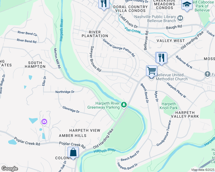 map of restaurants, bars, coffee shops, grocery stores, and more near 8619 Sawyer Brown Road in Nashville