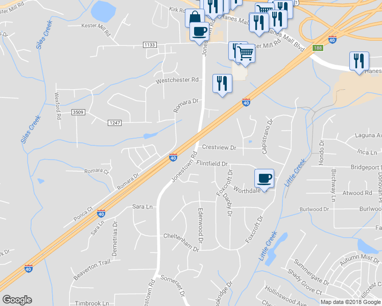 map of restaurants, bars, coffee shops, grocery stores, and more near 1000 Jonestown Road in Winston-Salem