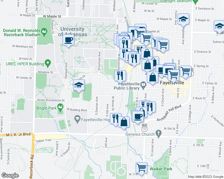 map of restaurants, bars, coffee shops, grocery stores, and more near 140 South Hill Avenue in Fayetteville