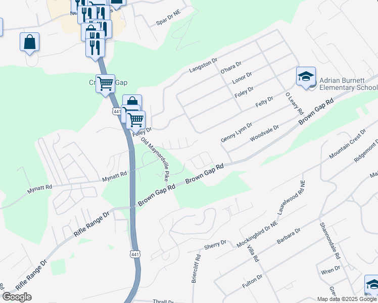map of restaurants, bars, coffee shops, grocery stores, and more near 3916 Valley Creek Way in Knoxville