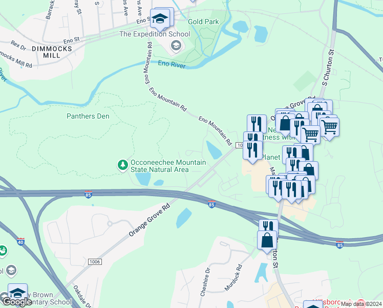 map of restaurants, bars, coffee shops, grocery stores, and more near 321 Spicebush Circle in Hillsborough
