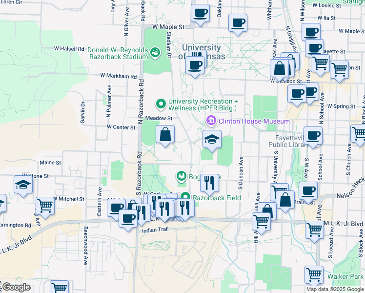 map of restaurants, bars, coffee shops, grocery stores, and more near 175 South Stadium Drive in Fayetteville