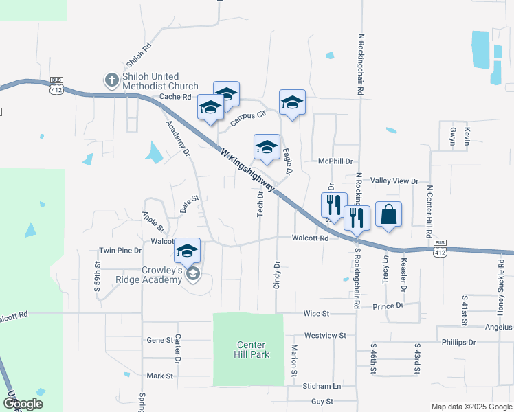 map of restaurants, bars, coffee shops, grocery stores, and more near 200 Tech Street in Paragould
