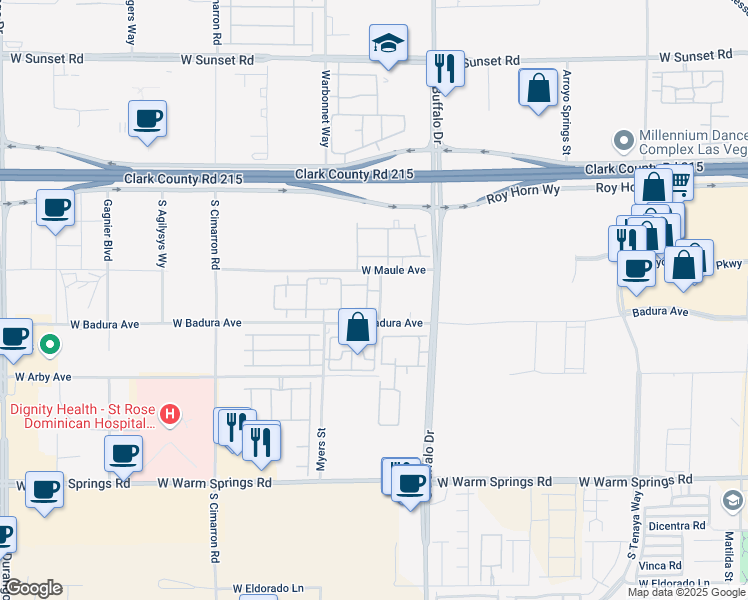 map of restaurants, bars, coffee shops, grocery stores, and more near 8000 West Badura Avenue in Las Vegas
