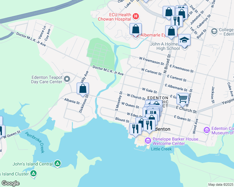 map of restaurants, bars, coffee shops, grocery stores, and more near 305 West Church Street in Edenton