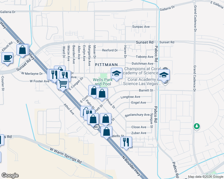 map of restaurants, bars, coffee shops, grocery stores, and more near 412 Pagan Street in Henderson