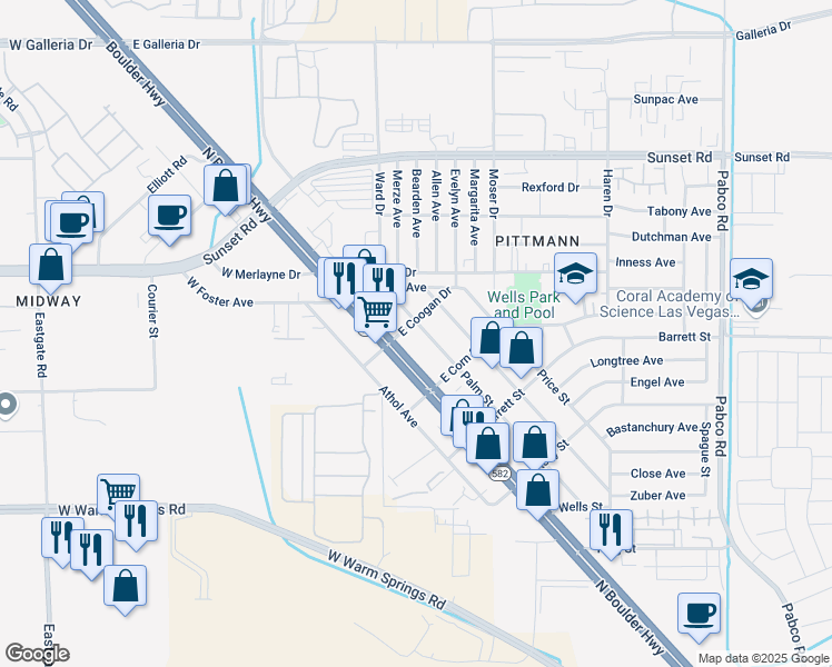 map of restaurants, bars, coffee shops, grocery stores, and more near 1625 Palm Street in Henderson