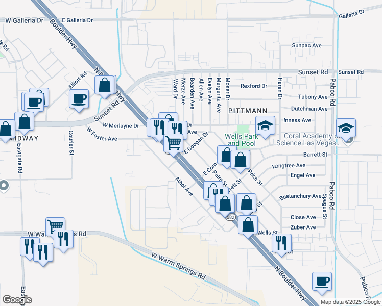 map of restaurants, bars, coffee shops, grocery stores, and more near 1647 North Boulder Highway in Henderson
