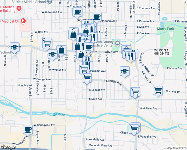 map of restaurants, bars, coffee shops, grocery stores, and more near 230 South Main Street in Porterville
