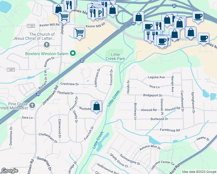 map of restaurants, bars, coffee shops, grocery stores, and more near 102 Capistrano Drive in Winston-Salem