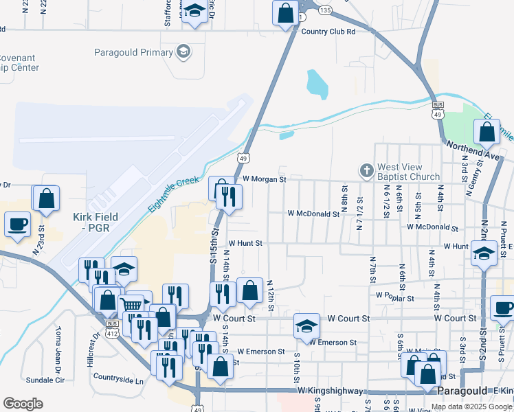 map of restaurants, bars, coffee shops, grocery stores, and more near 513 North 12th Street in Paragould