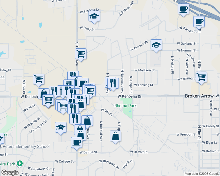 map of restaurants, bars, coffee shops, grocery stores, and more near 1900 West Kenosha Street in Broken Arrow