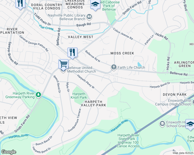 map of restaurants, bars, coffee shops, grocery stores, and more near 727 McPherson Drive in Nashville