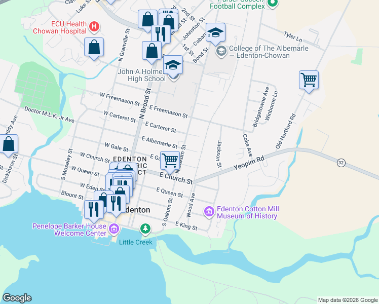map of restaurants, bars, coffee shops, grocery stores, and more near 202 East Albemarle Street in Edenton