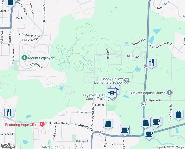 map of restaurants, bars, coffee shops, grocery stores, and more near 107 South Pinyon Point in Fayetteville