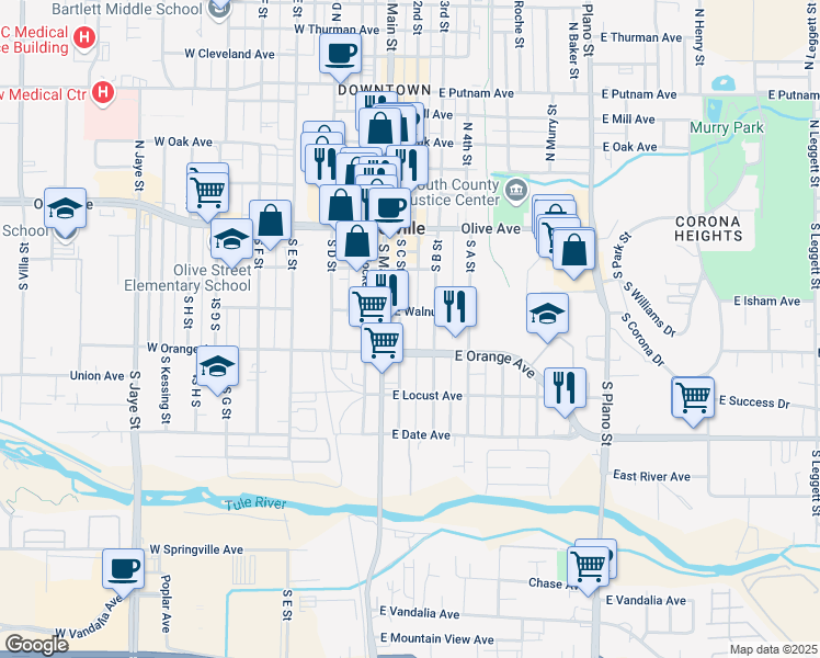 map of restaurants, bars, coffee shops, grocery stores, and more near 196 South C Street in Porterville