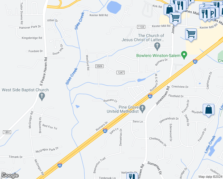 map of restaurants, bars, coffee shops, grocery stores, and more near 5356 Farm House Trail in Winston-Salem