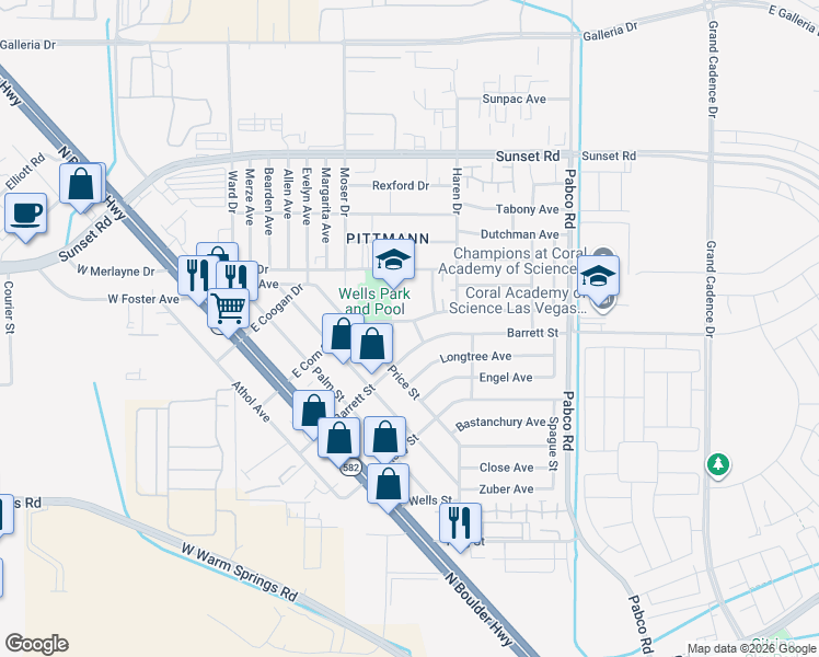 map of restaurants, bars, coffee shops, grocery stores, and more near 412 Pagan Street in Henderson