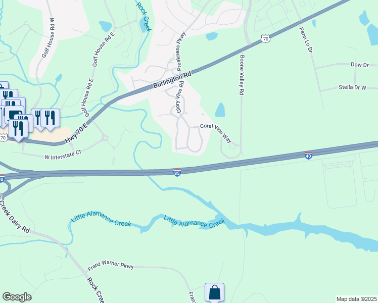 map of restaurants, bars, coffee shops, grocery stores, and more near 1214 Glory Vine Road in Whitsett