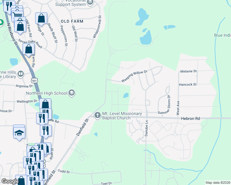 map of restaurants, bars, coffee shops, grocery stores, and more near 4728 Denfield Street in Durham