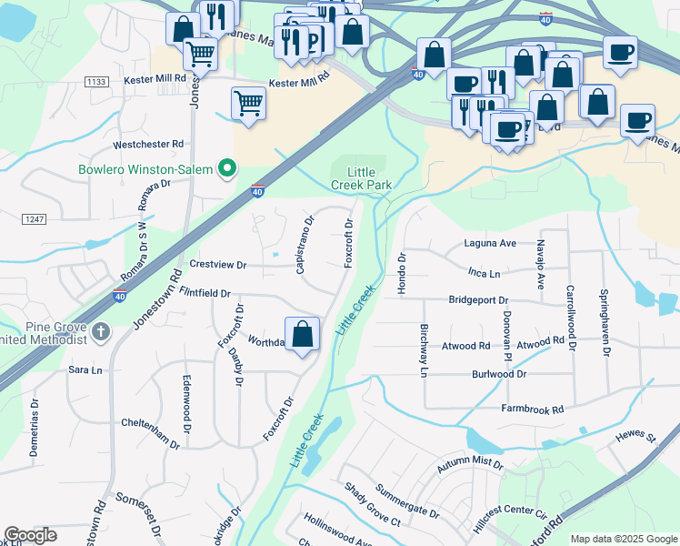 map of restaurants, bars, coffee shops, grocery stores, and more near 102 Capistrano Drive in Winston-Salem