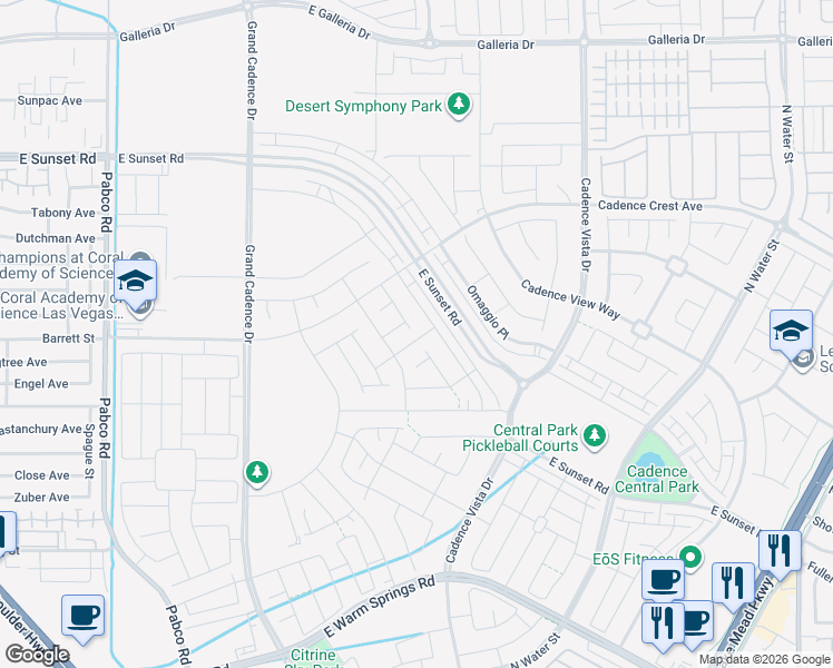 map of restaurants, bars, coffee shops, grocery stores, and more near 116 Antler Square Lane in Henderson