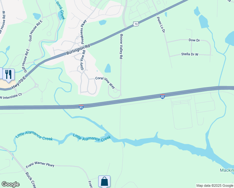 map of restaurants, bars, coffee shops, grocery stores, and more near 1136 Rose Petal Way in Whitsett