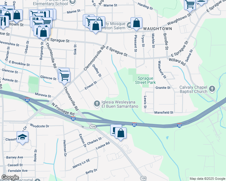 map of restaurants, bars, coffee shops, grocery stores, and more near 1323 Houston Street in Winston-Salem