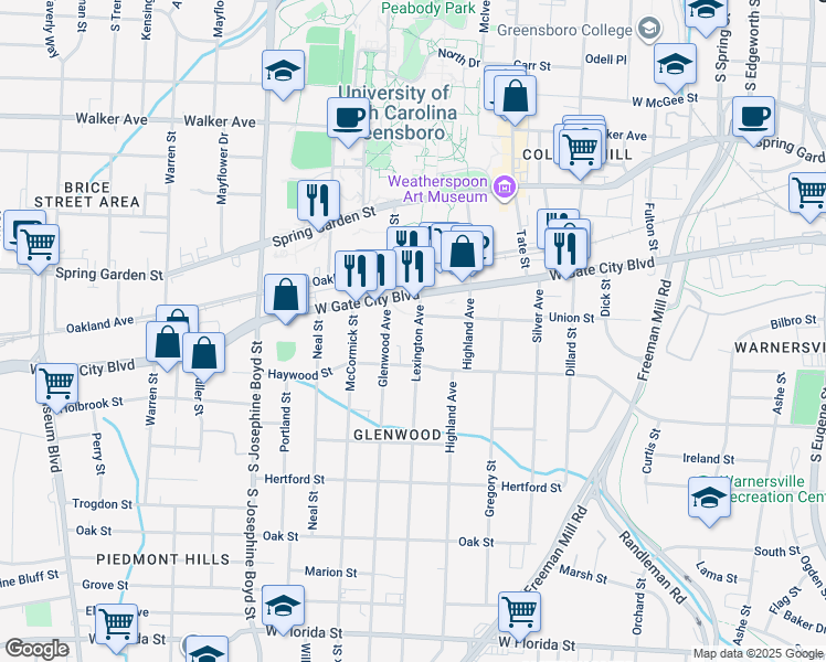 map of restaurants, bars, coffee shops, grocery stores, and more near 806 Lexington Avenue in Greensboro