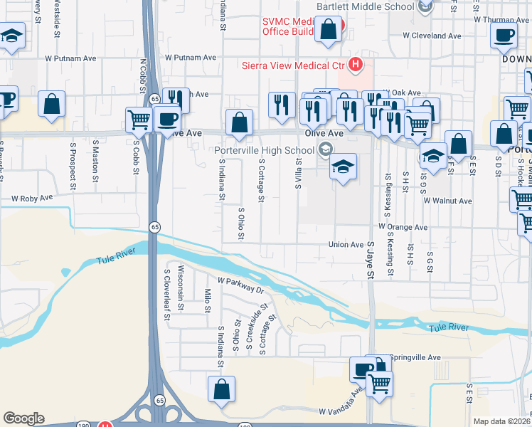 map of restaurants, bars, coffee shops, grocery stores, and more near 252 South Cottage Street in Porterville