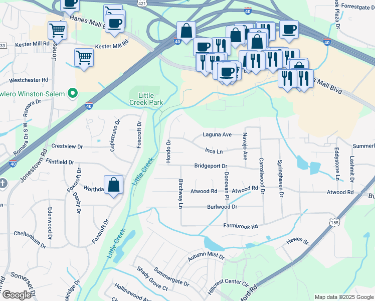 map of restaurants, bars, coffee shops, grocery stores, and more near 2855 Bridgeport Drive in Winston-Salem