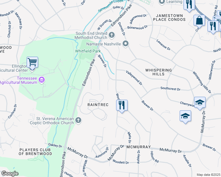 map of restaurants, bars, coffee shops, grocery stores, and more near 3100 Hill Creek Drive in Nashville