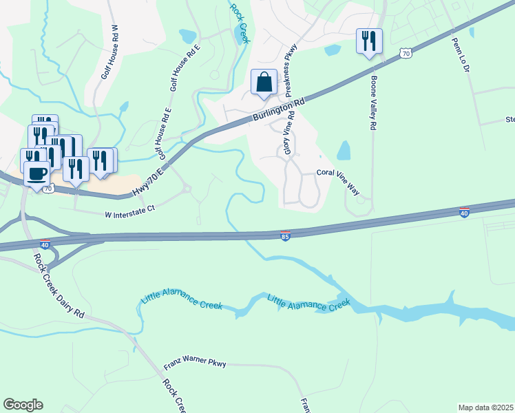 map of restaurants, bars, coffee shops, grocery stores, and more near 1154 Oak Blossom Way in Whitsett