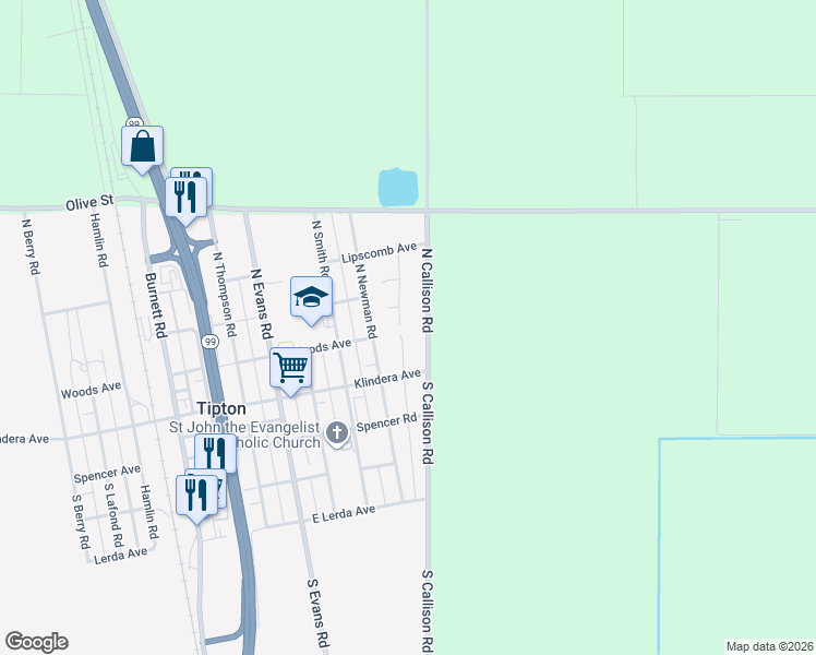 map of restaurants, bars, coffee shops, grocery stores, and more near 225 North Callison Road in Tipton